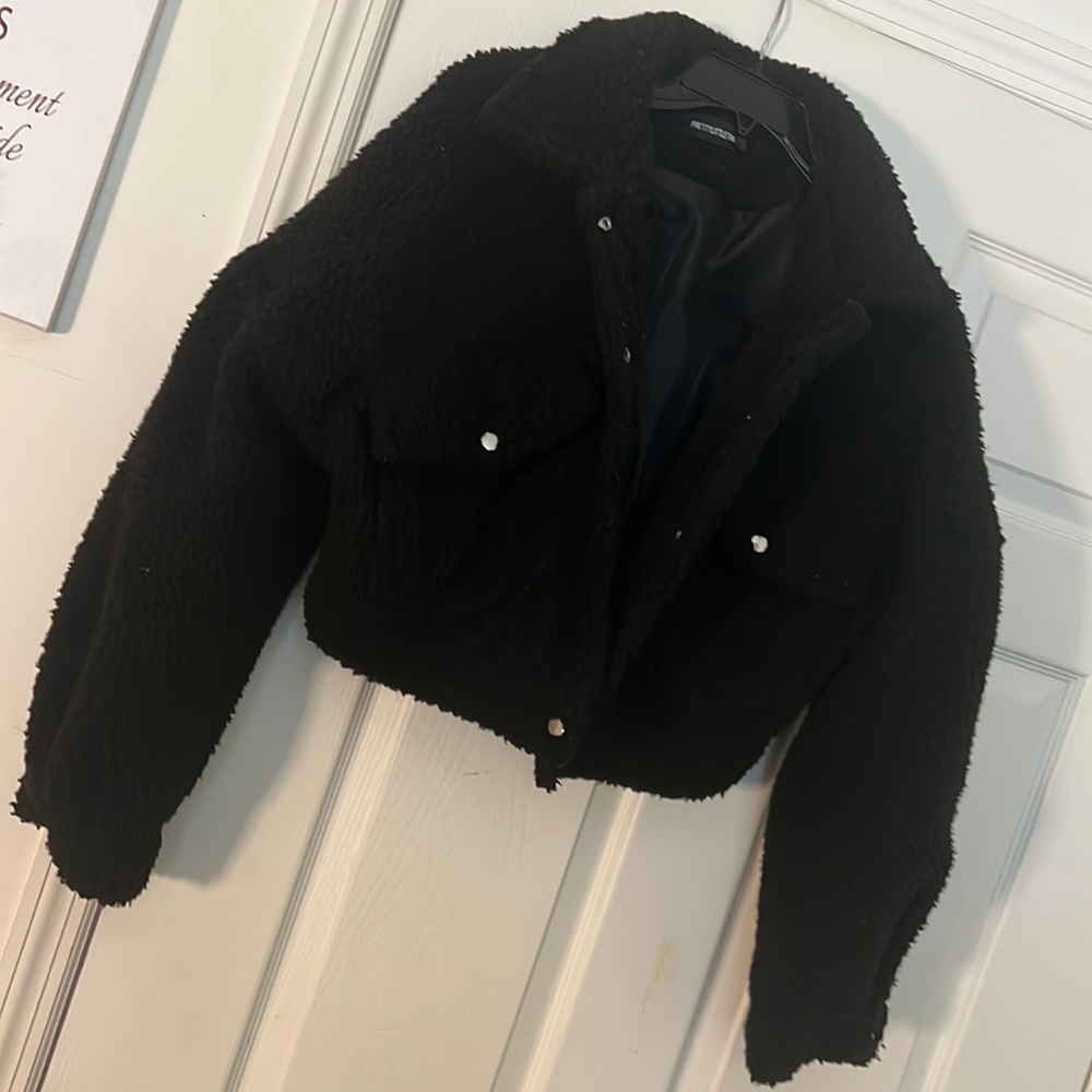 Black Cropped Teddy Puffer Jacket